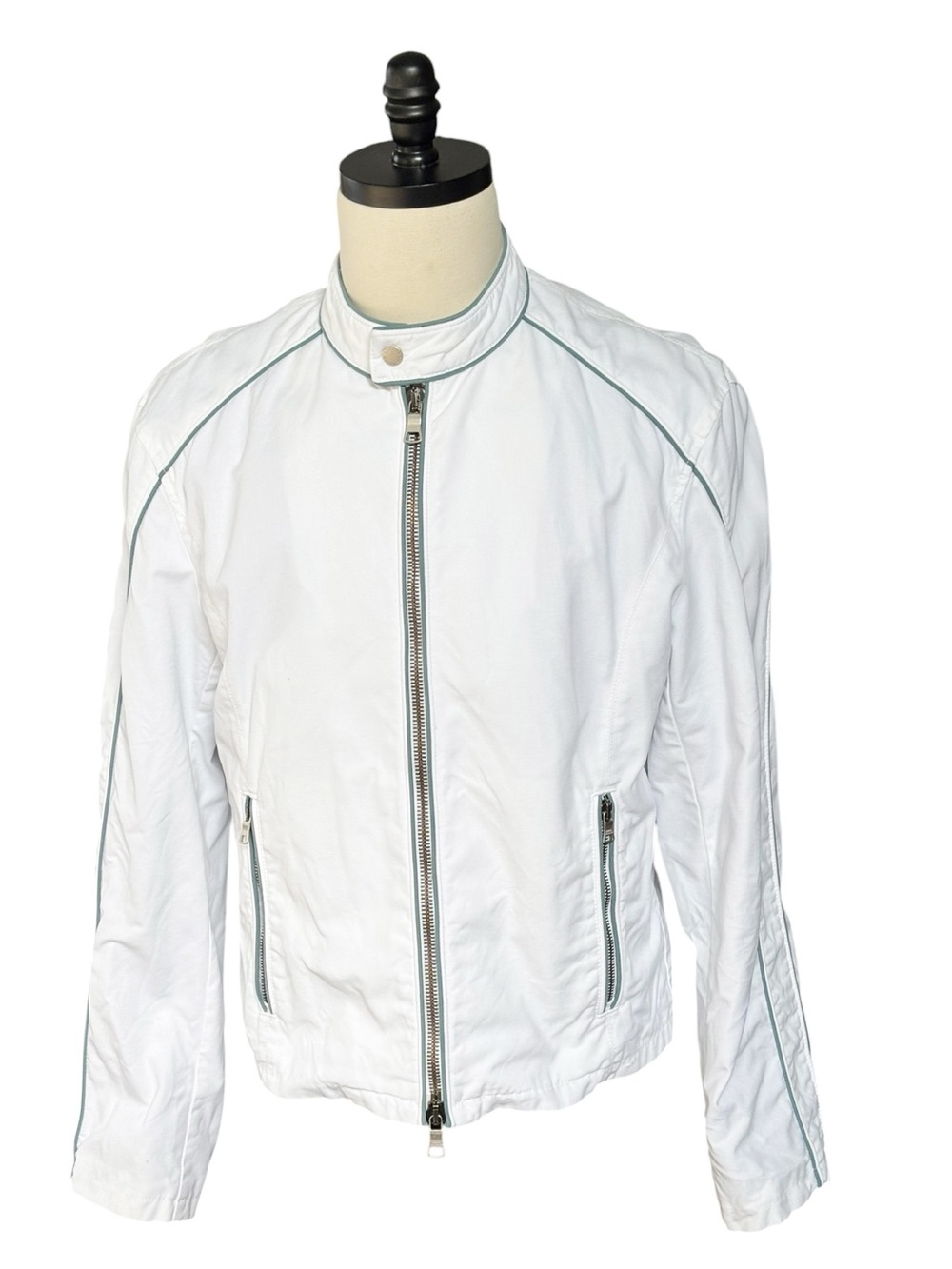 Armani Exchange White Cotton Zip-Front Biker Jacket with Contrast Piping | L